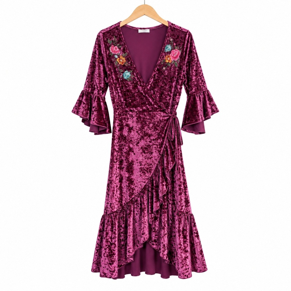 Umgee Women Velvet Boho Floral Embroidered High Low Wrap Dress Size S Whimsigoth